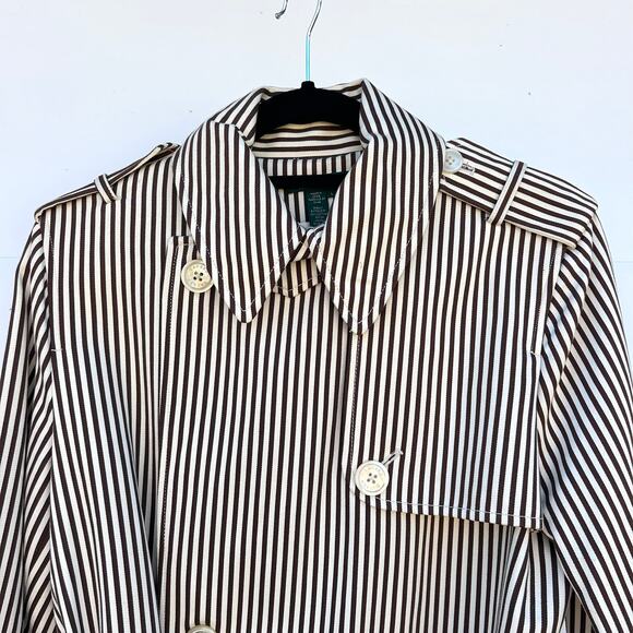 Vintage Ralph Lauren Pinstripe Brown Neutral Belted Trench Coat Large Preppy - Picture 5 of 12